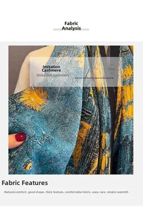 Detail of soft imitation cashmere scarf showing thick blue fabric and yellow floral patterns