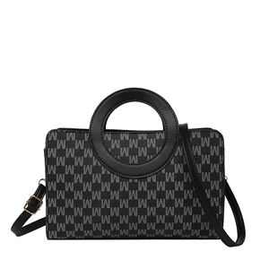 Black PU leather crossbody bag with gray M-letter print and gold circular handles