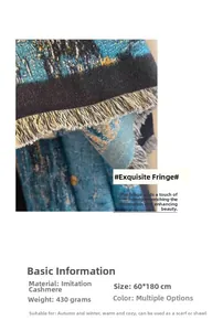Detail of oil painting style cashmere feel scarf showing fringe and 430g thick texture