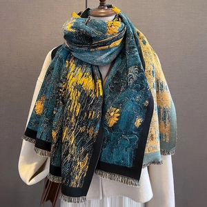 Artistic oil painting style thick cashmere shawl with blue and yellow brushstrokes and tassels