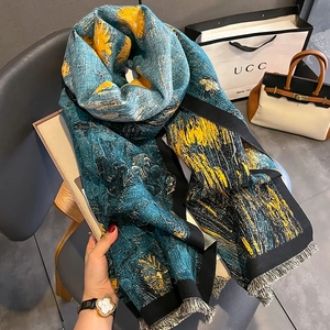 Artistic Van Gogh Starry Night style thick cashmere scarf with decorative tassels