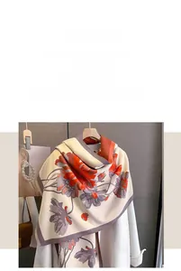 Close-up of winter cashmere-feel scarf showing retro floral patterns and soft texture