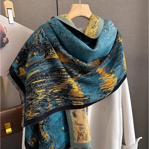 Artistic oil painting style thick cashmere scarf with tassels on white wool coat
