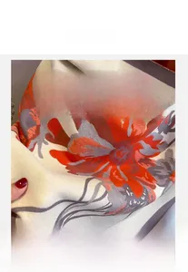 Detail of floral imitation cashmere scarf showing soft thick fabric and orange print