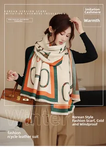 Close-up of soft thick imitation cashmere scarf with geometric chain pattern and warm texture