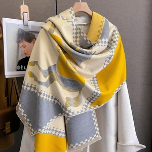 Thick cashmere-like shawl with horse pattern and checkered design in yellow and grey