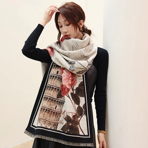 Detail of vintage floral shawl with red roses, Tower of Pisa print and tassel hem