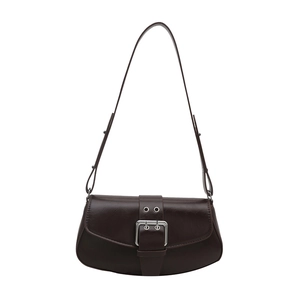 Retro chocolate brown PU leather shoulder bag with adjustable strap and large silver buckle