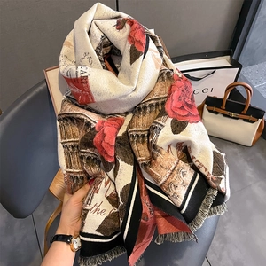 Thick cashmere-feel shawl with vintage red rose prints and elegant black fringe