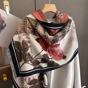 French vintage cashmere-like thick scarf with romantic rose print and tassel details