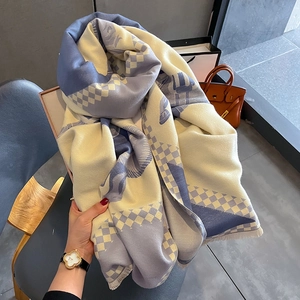 Blue and cream horse pattern faux cashmere shawl with checkered print and fringe trim