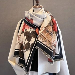 Elegant retro floral cashmere-like thick winter shawl with rose print and tassels
