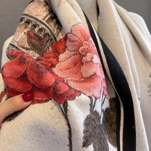 Thick warm cashmere-feel scarf with vintage red floral and building prints