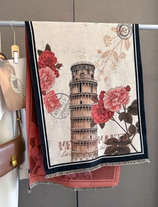Detail of vintage Italian print scarf with Leaning Tower and fringes on gray background