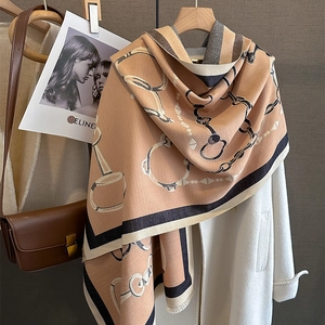 Thick warm camel faux cashmere scarf with chain pattern and tassels for women winter
