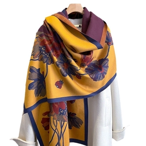 Thick floral cashmere shawl in mustard yellow and burgundy for winter warmth