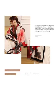 Detail of imitation cashmere scarf with peony patterns and delicate fringe finish