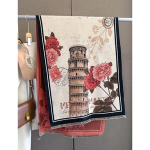 Vintage Rose Print Faux Cashmere Winter Scarf Thickened Warm Shawl With Fringe Elegant Retro Style For Women
