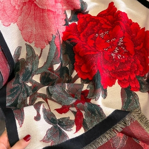 Thick vintage floral cashmere feel scarf with large red peony patterns and tassels