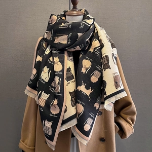 Cat Print Thickened Warm Imitation Cashmere Scarf Shawl Winter Fashion Tassel Fringe Neck Warmer For Women