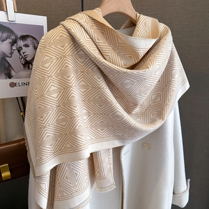 Winter checkered cashmere-feel scarf with geometric triangles and fringe details