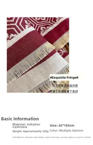 Detail eines rot-beigen Kaschmir-Gefühl Schals mit geometrischem Muster und Fransen