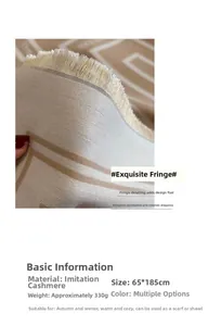 Detail of geometric pattern cashmere-feel scarf with fringe, size 65x185cm and 330g weight