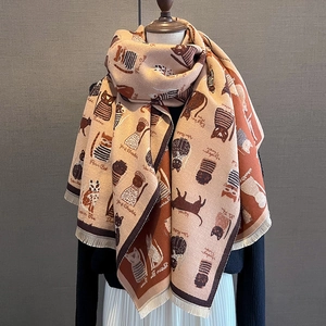 Thick cashmere-like scarf with cute cartoon cat patterns and stylish fringe edges