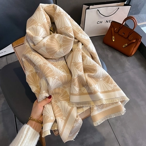 Fashionable beige cashmere-like scarf with shell pattern and fringe tassels for winter