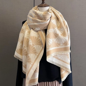 Fashionable beige cashmere-like scarf with shell jacquard texture and fine fringe