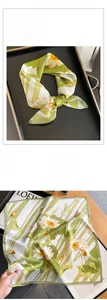Detailed view of silk square scarf featuring vintage lotus prints and green striped patterns