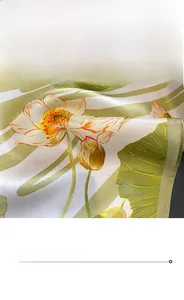 Detailed view of the fine stitched edge and elegant lotus pattern on a silk scarf