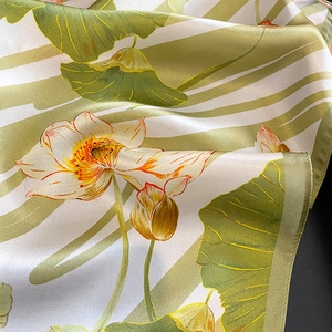Elegant silk square scarf with vintage lotus pattern on green striped background