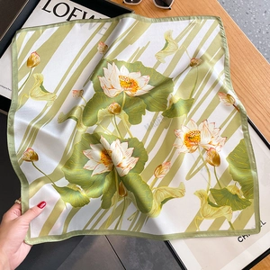 Vintage lotus silk square scarf featuring elegant green and beige floral patterns for women