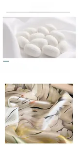 Détail macro de cocons de soie et tissu en soie de mûrier doux à imprimé fleuri
