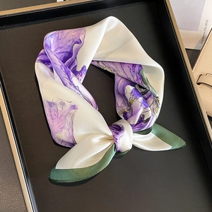 Carré De Satin De Mûrier Pur Élégant À Imprimé Iris Pour Femmes Foulard De Mode Châle Décoratif Bordure Contrastée