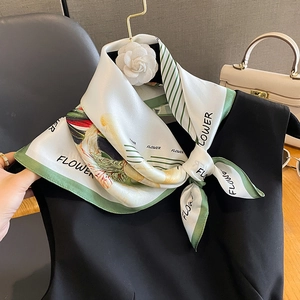 Elegant ivory silk square scarf with green border and vintage floral print for women