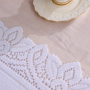 European style white lace table runner with hollow crochet pattern and wavy edges