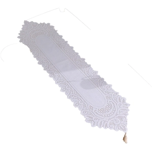 European style white lace table runner with floral patterns and tassel decorations