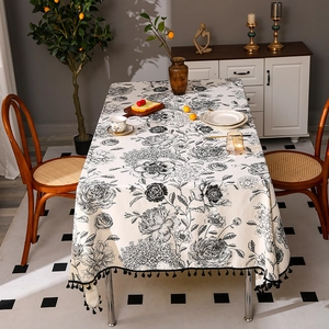 Oil-proof linen tablecloth with floral prints and black tassels in Nordic style