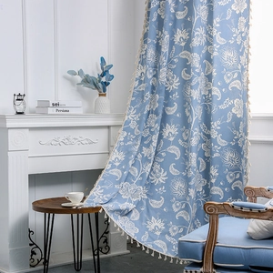Light blue Nordic curtains with white floral patterns and elegant tassel edge for living room