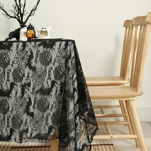Black Halloween lace tablecloth with pumpkin and spider web patterns for party decor