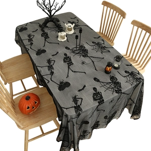 Halloween black lace tablecloth with skeleton and spider web patterns for party decor