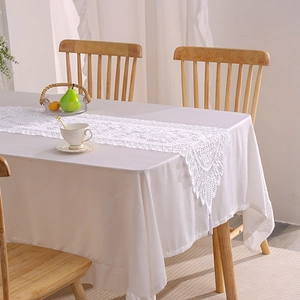 French style white rectangular tablecloth with delicate hollow lace runner and fringe