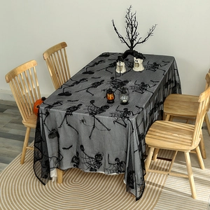 Halloween Lace Tablecloth Black Polyester Mesh Skull Spider Web Bat Pumpkin Pattern Rectangular Gothic Party Decor