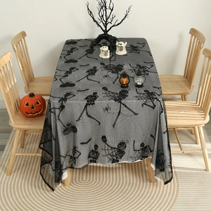 Halloween black lace tablecloth with skeletons, pumpkins, and bats for festive party decor