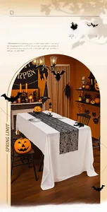 Close-up of black lace spider web table runner with intricate Halloween cutout details