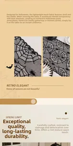 Detail of Halloween black lace table runner featuring spider web and bat patterns