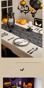 Detail of black lace Halloween table runner featuring spider web pattern and festive decor