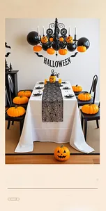 Detail of black lace spider web runner on white fabric for Halloween table decor